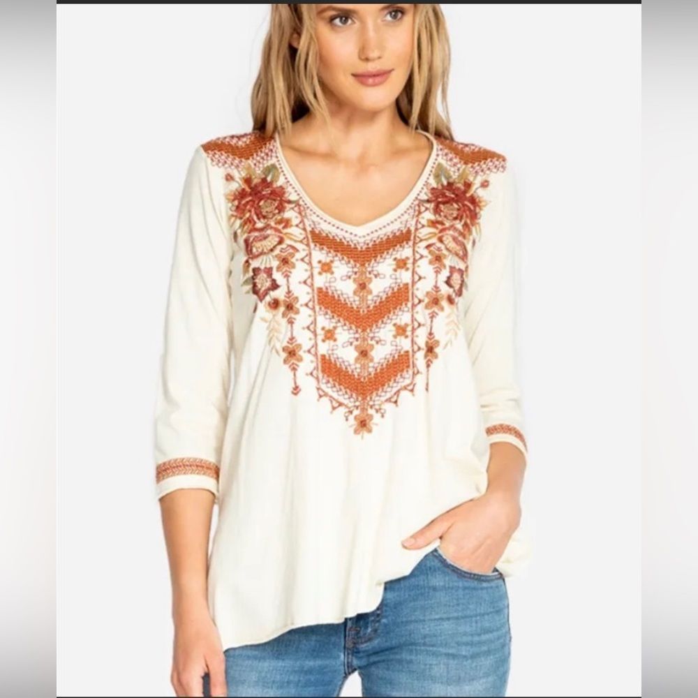 Johnny Was Cream Long Sleeve Tee with Rust Embroidered Yoke